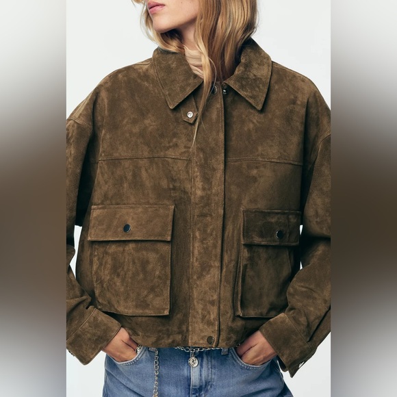 Zara Olive Brown natural suede leather bomber jacket - Picture 8 of 11